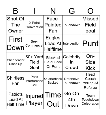 Super Bowl Eagles vs. Patriots Bingo Card