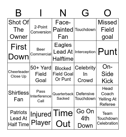 Super Bowl Eagles vs. Patriots Bingo Card