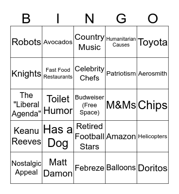 Super Bowl Commercial Bingo Card