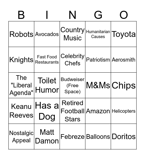 Super Bowl Commercial Bingo Card