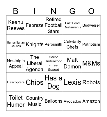 Super Bowl Commercial Bingo Card