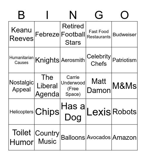 Super Bowl Commercial Bingo Card