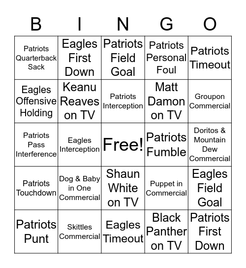 2018 Super Bowl Bingo Card