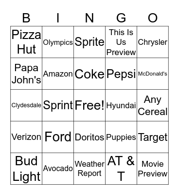 Super Bowl Commercial Bingo Card