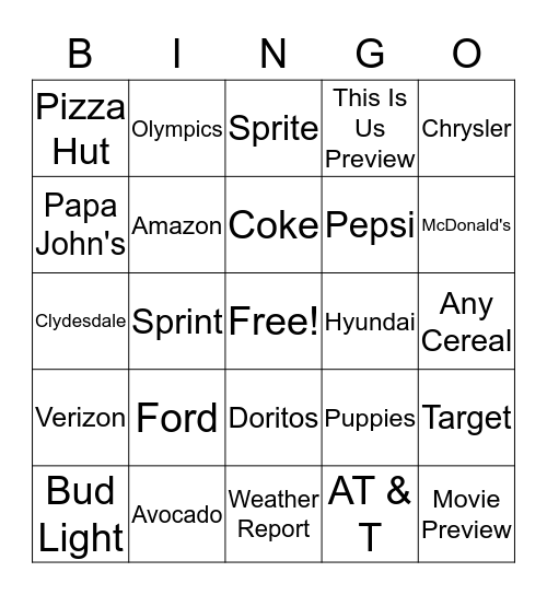 Super Bowl Commercial Bingo Card