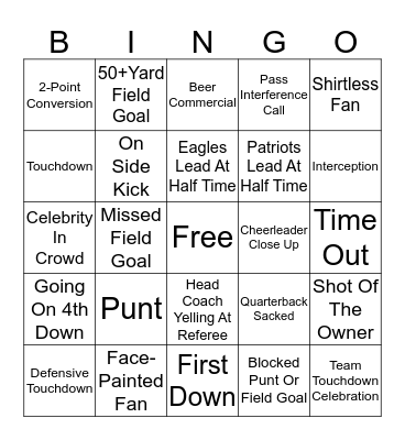 Super Bowl Eagles vs. Patriots Bingo Card