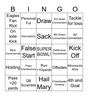 Super Bowl Bingo Card