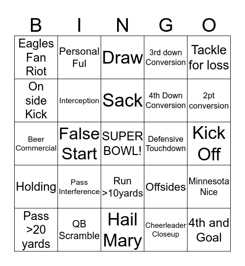 Super Bowl Bingo Card