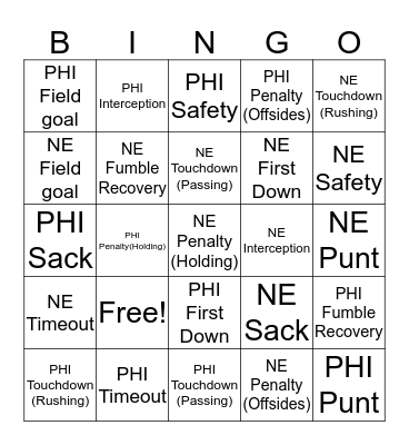 Super Bowl Bingo Card