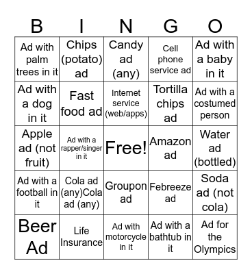 Superbowl Commercials 2018! Bingo Card