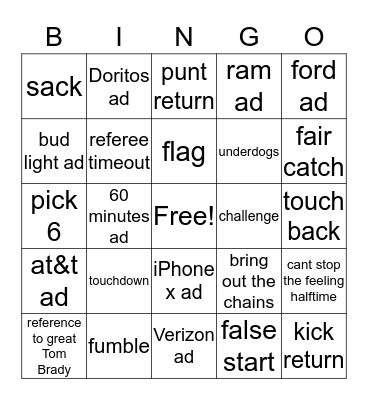 superbowl 52 Bingo Card