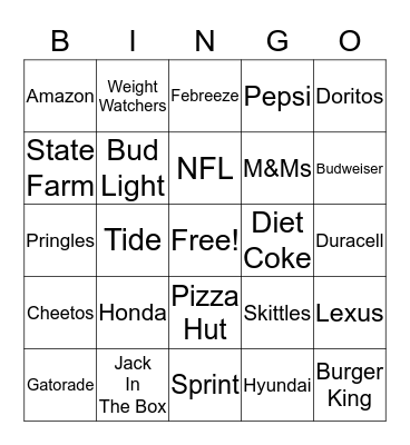 Superbowl Commercial Bingo Card