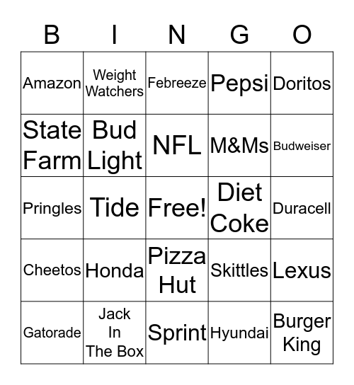 Superbowl Commercial Bingo Card