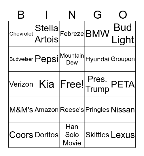 2018 Super Bowl Bingo Card