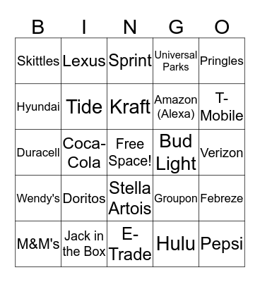 Super Bowl Commercial Bingo Card