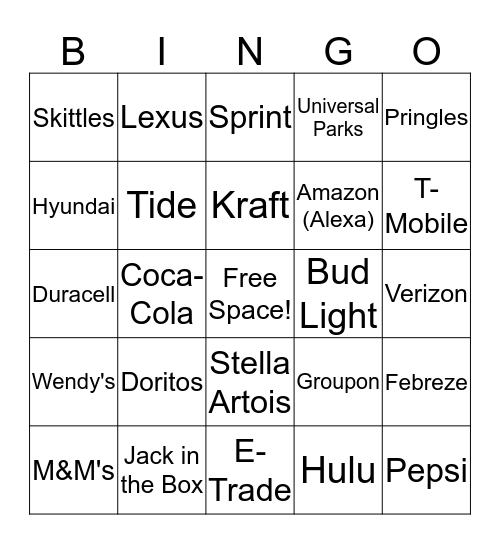 Super Bowl Commercial Bingo Card