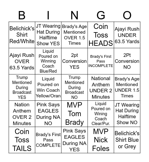 Prop Bet Bingo Card