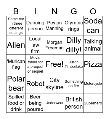 Super Bowl LII Commercial Bingo Card