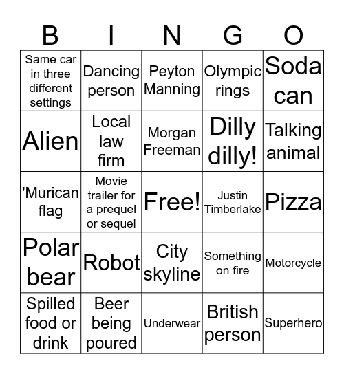 Super Bowl LII Commercial Bingo Card