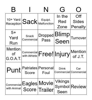 Superbowl 2018 Bingo! Bingo Card