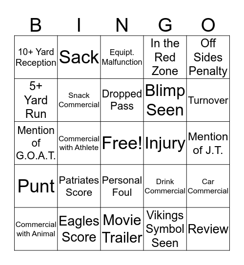 Superbowl 2018 Bingo! Bingo Card