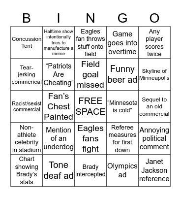Super Bowl 2018 Bingo Card