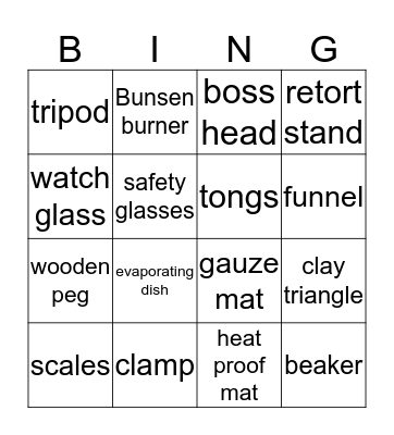 Science Equipment Bingo Card
