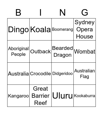 Down Under Bingo Card