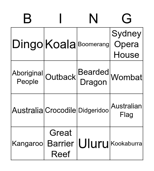 Down Under Bingo Card