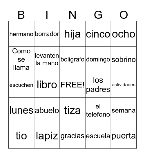 Spanish I Bingo Card