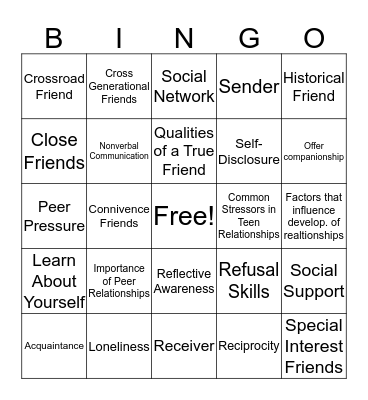 Healthy Peer Relationships  Bingo Card