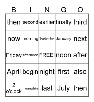 Transition Word Bingo Card