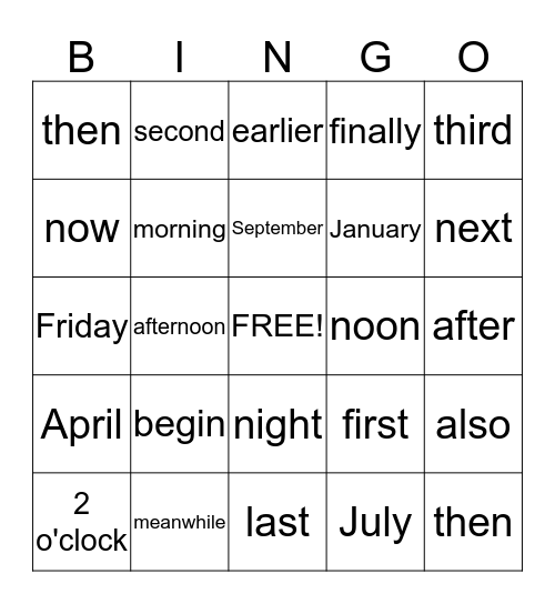 Transition Word Bingo Card