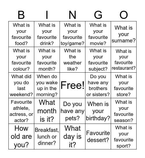 QUESTION BINGO  Bingo Card