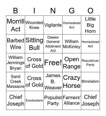 Unit 1 Western Expansion Bingo Card