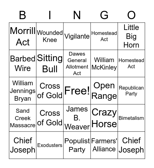 Unit 1 Western Expansion Bingo Card