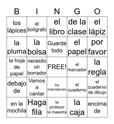 La clase de español Bingo Card