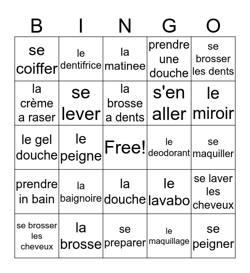 French 2, Chapter 5, Vocabulary 1 Bingo Card