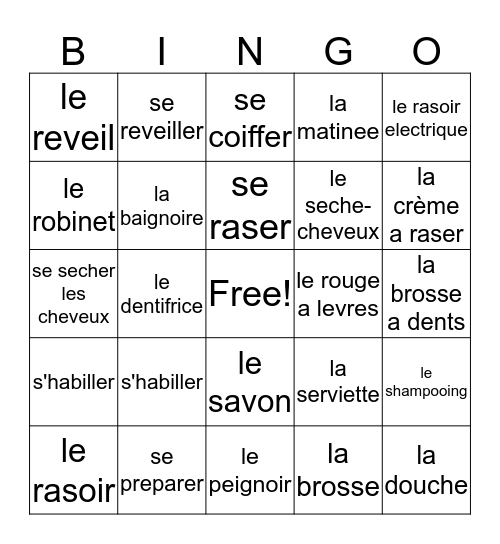 Francais 2, chapitre 5, Vocabulaire 1 Bingo Card