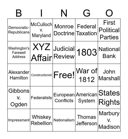 Early Republic Bingo Card