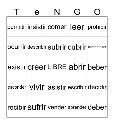 ER/ IR verbs Bingo Card