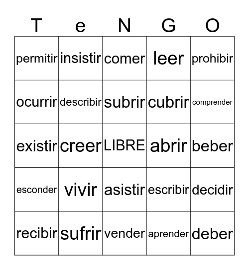 ER/ IR verbs Bingo Card