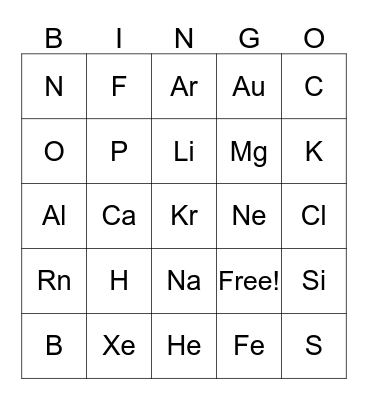 Peridic Table Bingo Card