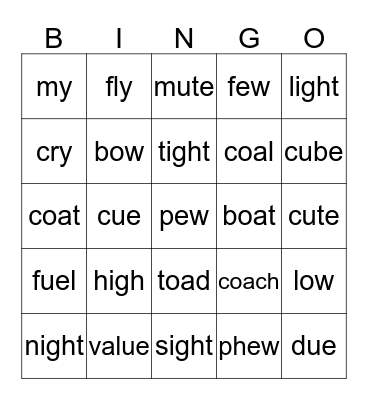 igh, y, oa, ow, u_e, ue, ew Bingo Card