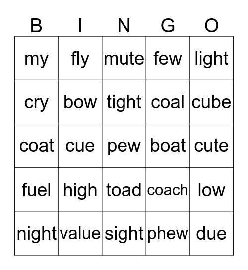igh, y, oa, ow, u_e, ue, ew Bingo Card