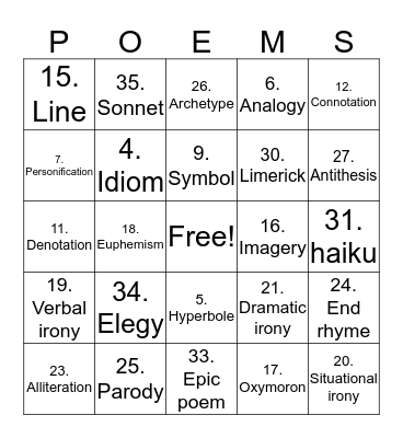 Poetry Bingo! Bingo Card