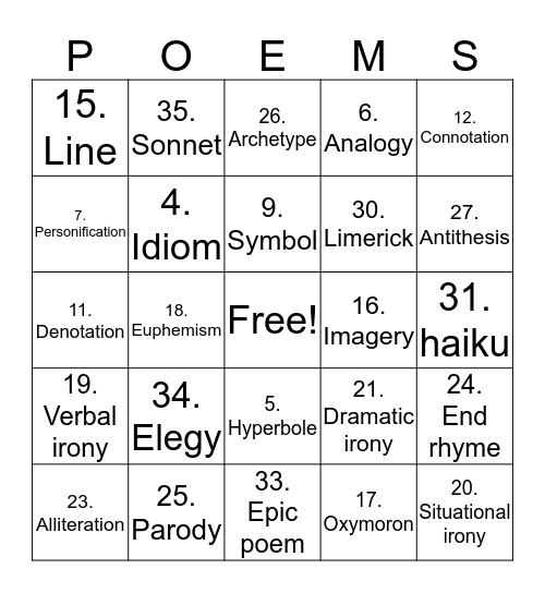 Poetry Bingo! Bingo Card