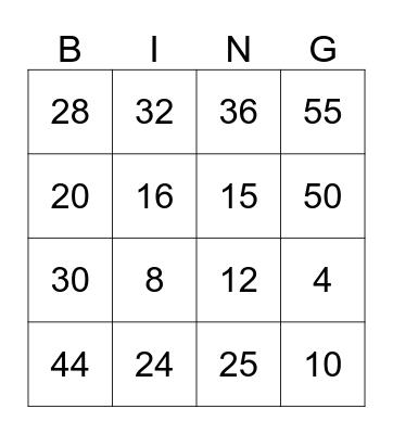Multiplication 4's & 5's Bingo Card