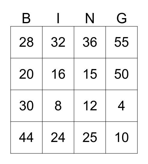Multiplication 4's & 5's Bingo Card