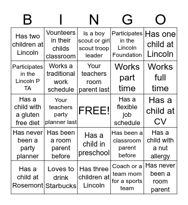 Room Parent Bingo Card